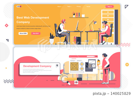 Web development company landing pages set. Full stack software engineering corporate website. Flat vector illustration with people characters. Web concept use as header, footer or middle content. Web development company landing pages set. Full stack software engineering corporate website. Flat vector illustration with people characters. Web concept use as header, footer or middle content. 140025829