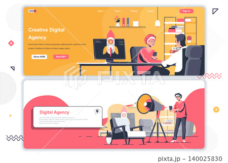 Creative agency landing pages set. Idea generation workflow, project launch corporate website. Flat vector illustration with people characters. Web concept use as header, footer or middle content. Creative agency landing pages set. Idea generation workflow, project launch corporate website. Flat vector illustration with people characters. Web concept use as header, footer or middle content. 140025830