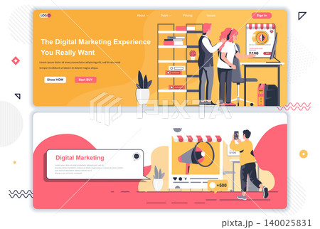 Digital marketing agency landing pages set. Marketing research, promotional campaign corporate website. Flat vector illustration with people. Web concept use as header, footer or middle content. Digital marketing agency landing pages set. Marketing research, promotional campaign corporate website. Flat vector illustration with people. Web concept use as header, footer or middle content. 140025831