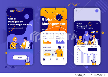 Global management unique design kit for social networks stories. Business assistance and consulting mobile screen templates for app. UI UX layouts vector illustration. GUI set with people characters. 140025854