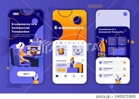 E-commerce unique design kit for social networks stories. Online shopping, internet marketplace platform mobile screens for app. UI UX layouts vector illustration. GUI set with people characters. 140025869