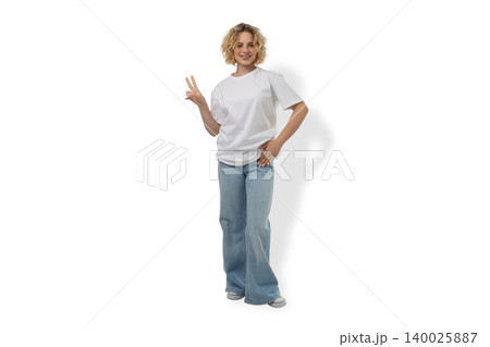 Woman shows casual style in plain shirt and jeans, PNG Woman shows casual style in plain shirt and jeans, PNG 140025887