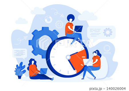 Time management web concept design with people. Employees work near big clock. Time management and efficiency composition in flat style. Vector illustration for social media promotional materials. 140026004