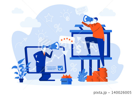 Outbound marketing web concept design with people. Social media crm for advertising. Online permission marketing flat style composition. Vector illustration for social media promotional materials. Outbound marketing web concept design with people. Social media crm for advertising. Online permission marketing flat style composition. Vector illustration for social media promotional materials. 140026005