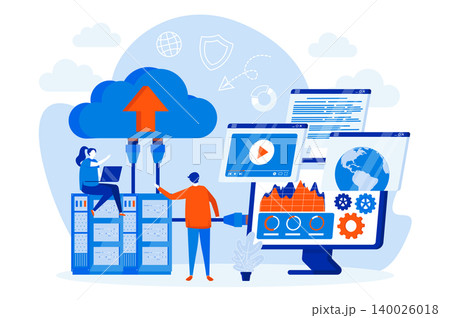 Hosting provider web design concept with people characters. Hosting engineers work scene. Website hosting service composition in flat style. Vector illustration for social media promotional materials. Hosting provider web design concept with people characters. Hosting engineers work scene. Website hosting service composition in flat style. Vector illustration for social media promotional materials. 140026018