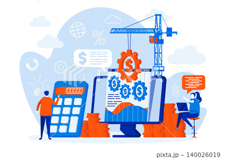 Financial management web design with people characters. Financial audit and accounting scene. Budget calculating composition in flat style. Vector illustration for social media promotional materials. Financial management web design with people characters. Financial audit and accounting scene. Budget calculating composition in flat style. Vector illustration for social media promotional materials. 140026019