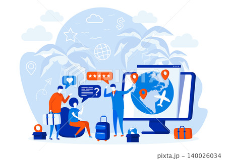 Travel agency web design with people characters. Tour manager consulting clients scene. Flight booking service composition in flat style. Vector illustration for social media promotional materials. 140026034