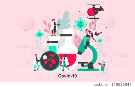 Covid-19 web concept design in flat style. Scientific team researching coronavirus at laboratory. Vaccine development scene visualization. Vector illustration with tiny people characters in situation. 140026047