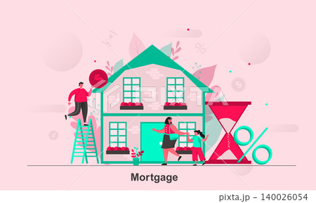 Mortgage web concept design in flat style. Purchasers of real property scene visualization. Mortgage insurance for home loan service. Vector illustration with tiny people characters in life situation. 140026054