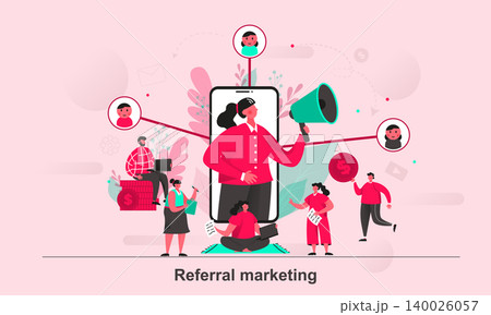 Referral marketing web concept design in flat style. People share info about referral program. Refer a friends scene visualization. Vector illustration with tiny people characters in life situation. Referral marketing web concept design in flat style. People share info about referral program. Refer a friends scene visualization. Vector illustration with tiny people characters in life situation. 140026057