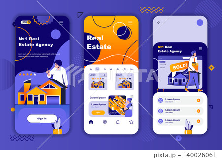 Real estate unique design kit for social networks stories. Real estate agency, realting platform mobile screen templates for app. UI UX layouts vector illustration. GUI set with people characters. 140026061