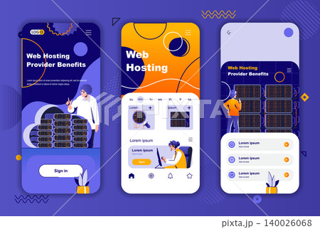 Web hosting provider unique design for social networks stories. Data center, cloud storage service mobile screen templates for app. UI UX layouts vector illustration. GUI set with people characters. 140026068
