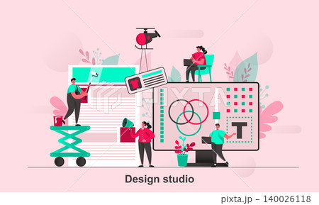 Design studio web concept design in flat style. Designers teamwork with web project scene visualization. Creative agency workshop. Vector illustration with tiny people characters in life situation. Design studio web concept design in flat style. Designers teamwork with web project scene visualization. Creative agency workshop. Vector illustration with tiny people characters in life situation. 140026118