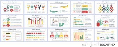 Bundle travel vacation infographics presentation slides template. Different charts, diagram, workflow, flowchart, timeline, schemes, graphs design template. Vector info graphic and infographics set. 140026142