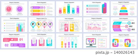 Bundle business and finance infographics presentation slides template. Different charts, diagrams, workflow, flowchart, timeline, schemes design template. Vector info graphic and infographics set. 140026143