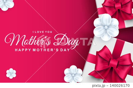 Happy mother's day greeting card. Gift boxes with pink ribbon bows and white flowers. Family holiday congratulation, vector illustration. Art realism, beautiful web banner with realistic 3d elements. Happy mother's day greeting card. Gift boxes with pink ribbon bows and white flowers. Family holiday congratulation, vector illustration. Art realism, beautiful web banner with realistic 3d elements. 140026170