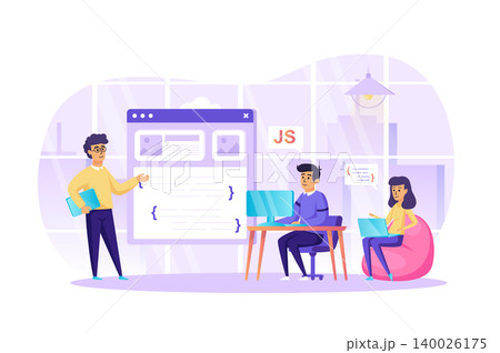 Developing programming software at office scene. Developers programming, programmers coding, working on laptops. Teamwork on project concept. Vector illustration of people characters in flat design 140026175