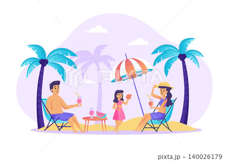 Family resting at beach scene. Father and mother sit at loungers, drinking cocktails, daughter plays on sandy shore. Summer vacation concept. Vector illustration of people characters in flat design Family resting at beach scene. Father and mother sit at loungers, drinking cocktails, daughter plays on sandy shore. Summer vacation concept. Vector illustration of people characters in flat design 140026179