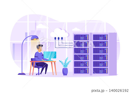 Engineer working at data center scene. Administrator at computer monitoring work of servers and databases, cloud storage technology concept. Vector illustration of people characters in flat design Engineer working at data center scene. Administrator at computer monitoring work of servers and databases, cloud storage technology concept. Vector illustration of people characters in flat design 140026192