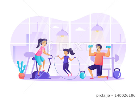 Sports family doing fitness in gym scene. Mom is on stationary bike, dad weightlifting, daughter is jumping rope. Healthy lifestyle concept. Vector illustration of people characters in flat design Sports family doing fitness in gym scene. Mom is on stationary bike, dad weightlifting, daughter is jumping rope. Healthy lifestyle concept. Vector illustration of people characters in flat design 140026196