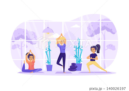 Women doing yoga asanas in studio scene. Young girls do balance and flexibility exercises in class. Healthy lifestyle, sport activity concept. Vector illustration of people characters in flat design Women doing yoga asanas in studio scene. Young girls do balance and flexibility exercises in class. Healthy lifestyle, sport activity concept. Vector illustration of people characters in flat design 140026197