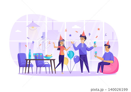 Happy friends celebrate holiday at party scene. Men and women in hats dancing, drinking, having fun. Holidays, birthday, festive event concept. Vector illustration of people characters in flat design Happy friends celebrate holiday at party scene. Men and women in hats dancing, drinking, having fun. Holidays, birthday, festive event concept. Vector illustration of people characters in flat design 140026199