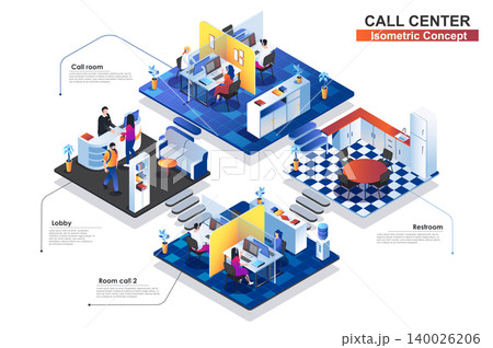 Call center interior isometric concept. People characters work at lobby, two call rooms, restrooms. Customer support at office, hotline, phone assistants scenes. Vector flat illustration in 3d design Call center interior isometric concept. People characters work at lobby, two call rooms, restrooms. Customer support at office, hotline, phone assistants scenes. Vector flat illustration in 3d design 140026206