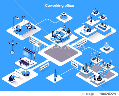 Coworking office isometric web banner. Business meeting and creative teamwork flat isometry concept. Colleagues at open workplace 3d scene design. Vector illustration with tiny people characters Coworking office isometric web banner. Business meeting and creative teamwork flat isometry concept. Colleagues at open workplace 3d scene design. Vector illustration with tiny people characters 140026229