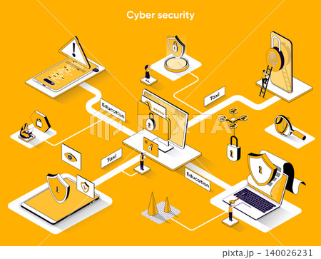 Cyber security isometric web banner. Protect personal data 3d scene design. Modern identification technologies, password access flat isometry concept. Vector illustration with tiny people characters 140026231