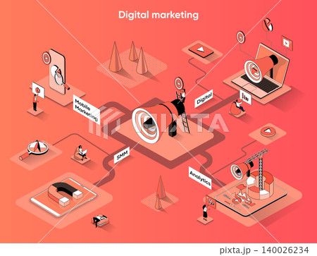 Digital marketing isometric web banner. Business communication and advertisement flat isometry concept. Data analysis, SMM promotion 3d scene design. Vector illustration with tiny people characters Digital marketing isometric web banner. Business communication and advertisement flat isometry concept. Data analysis, SMM promotion 3d scene design. Vector illustration with tiny people characters 140026234