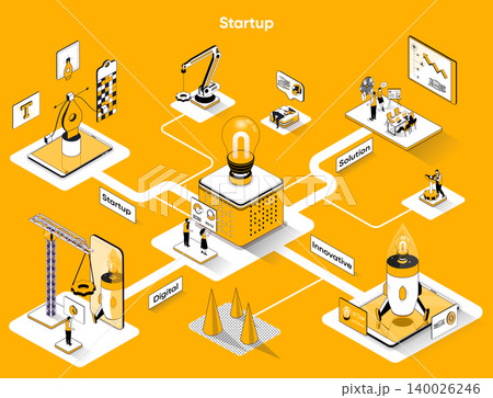 Startup isometric web banner. Innovation solution of business flat isometry concept. Development of new products or services, teamwork 3d scene design. Vector illustration with tiny people characters 140026246