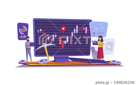 Cryptocurrency and finance web concept in flat style. People analyze candlestick chart, digital stock market trading, profit growth scene. Vector illustration of cartoon characters for website design 140026256