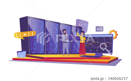 Data center web concept in flat style. People working at server room, internet datacenter, cloud storage technology, analyze datum scene. Vector illustration of cartoon characters for website design 140026257