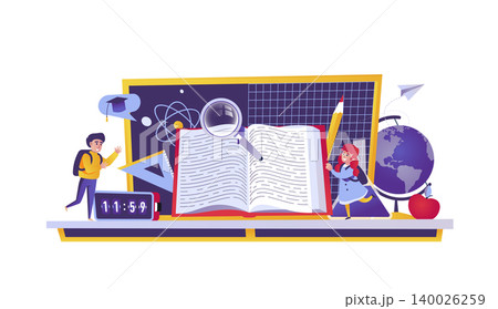 Education web concept in flat style. Children go to school, students studying at university, primary and higher education scene. Vector illustration of cartoon people characters for website design Education web concept in flat style. Children go to school, students studying at university, primary and higher education scene. Vector illustration of cartoon people characters for website design 140026259