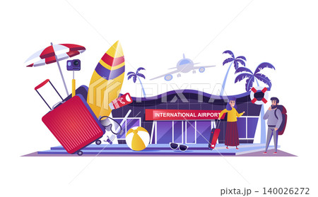 Travel vacation web concept in flat style. People with luggage at airport go on trip, summer holiday, traveling and tourism journey scene. Vector illustration of cartoon characters for website design Travel vacation web concept in flat style. People with luggage at airport go on trip, summer holiday, traveling and tourism journey scene. Vector illustration of cartoon characters for website design 140026272