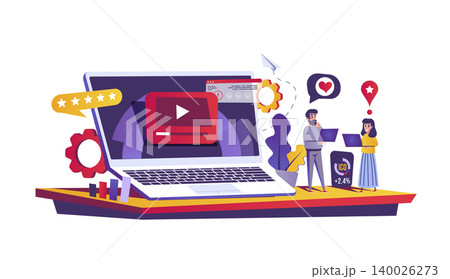 Video marketing web concept in flat style. People create and posting video content, promote, seo optimization, development strategy scene. Vector illustration of cartoon characters for website design 140026273