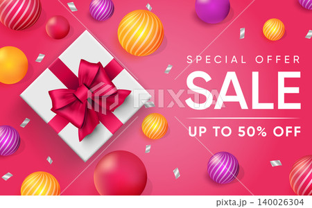 3d poster of Special offer Sale up to 50 percent off discount price realistic design. Flyer promotion website background. Customer gifts, loyalty program. Vector illustration of advertising web banner 3d poster of Special offer Sale up to 50 percent off discount price realistic design. Flyer promotion website background. Customer gifts, loyalty program. Vector illustration of advertising web banner 140026304