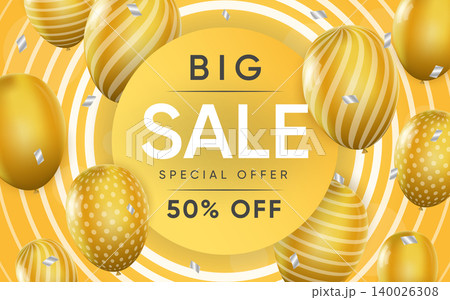 3d poster of Big Sale realistic design. Special offer to 50 percent off discount prices website background. Flyer template promotion and marketing tools. Vector illustration of advertising web banner 140026308