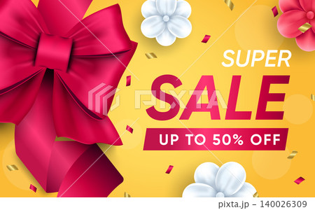 3d poster of Super Sale realistic design. Best offer to 50 percent off discount prices website background. Customer gifts, loyalty program, marketing. Vector illustration of advertising web banner 140026309