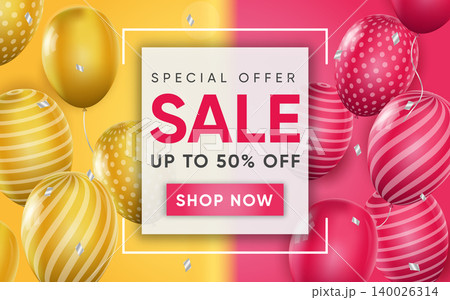 3d poster of Sale to 50 percent off with pink and yellow balloons in realistic design. Special offer discount price website background. Shop now concept. Vector illustration of advertising web banner 3d poster of Sale to 50 percent off with pink and yellow balloons in realistic design. Special offer discount price website background. Shop now concept. Vector illustration of advertising web banner 140026314