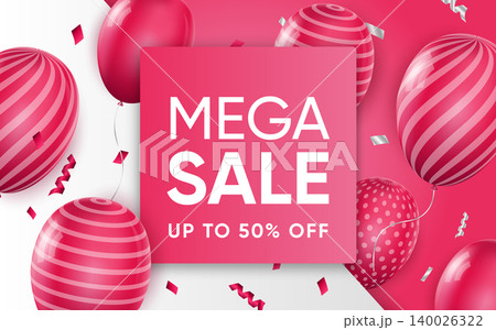 3d poster of Mega Sale up to 50 percent off realistic design. Discount prices best offer. Flyer template for shopping website background with balloons. Vector illustration of advertising web banner 3d poster of Mega Sale up to 50 percent off realistic design. Discount prices best offer. Flyer template for shopping website background with balloons. Vector illustration of advertising web banner 140026322