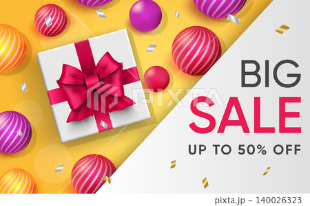 3d poster of Big Sale up to 50 percent off realistic design. Discount prices profitable offer website background. Attract new customers, loyalty program. Vector illustration of advertising web banner 3d poster of Big Sale up to 50 percent off realistic design. Discount prices profitable offer website background. Attract new customers, loyalty program. Vector illustration of advertising web banner 140026323