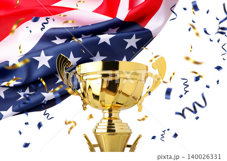 Trophy, Cup with American flag and confetti, PNG Trophy, Cup with American flag and confetti, PNG 140026331