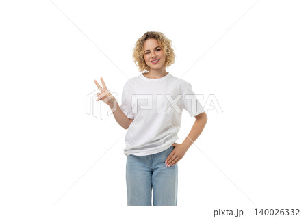 Woman poses in casual shirt showing peace sign, PNG 140026332