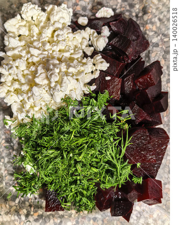 Beetroot cottage cheese and dill salad ingredients Beetroot cottage cheese and dill salad ingredients 140026518