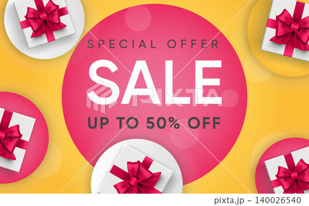 3d poster of Special offer Sale up to 50 percent off in realistic design. Flyer template with discount price for website background. Loyalty program. Vector illustration of advertising web banner 140026540