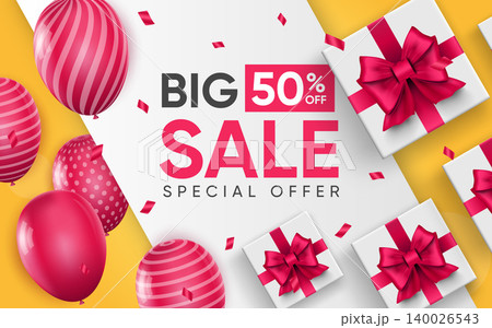 3d poster of Big Sale with Special Offer to 50 percent off in realistic design. Promotional flyer template with discount price for website background. Vector illustration of advertising web banner 140026543