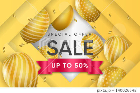 3d poster of Sale realistic design. Discount price to 50 percent off on ribbon. Flyer template with special offer for website background with balloons. Vector illustration of advertising web banner 3d poster of Sale realistic design. Discount price to 50 percent off on ribbon. Flyer template with special offer for website background with balloons. Vector illustration of advertising web banner 140026548