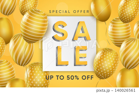 3d poster of Sale with yellow balloons in realistic design. Special offer to 50 percent off. Flyer template with discount prices website background. Vector illustration of advertising web banner 3d poster of Sale with yellow balloons in realistic design. Special offer to 50 percent off. Flyer template with discount prices website background. Vector illustration of advertising web banner 140026561