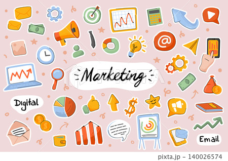 Marketing cute stickers template set. Bundle of marketer job symbols, analysis statistics, promotion strategy, profit growth, success. Scrapbooking elements. Vector illustration in flat cartoon design 140026574